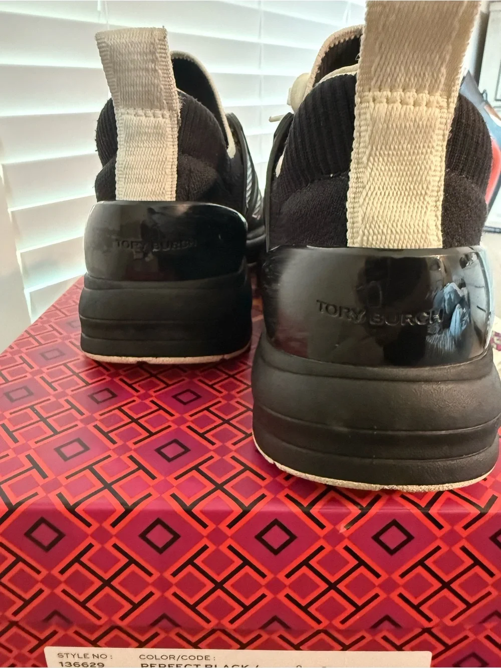 Tory Burch Black Knit Lace-Up Sneakers with White Accents
